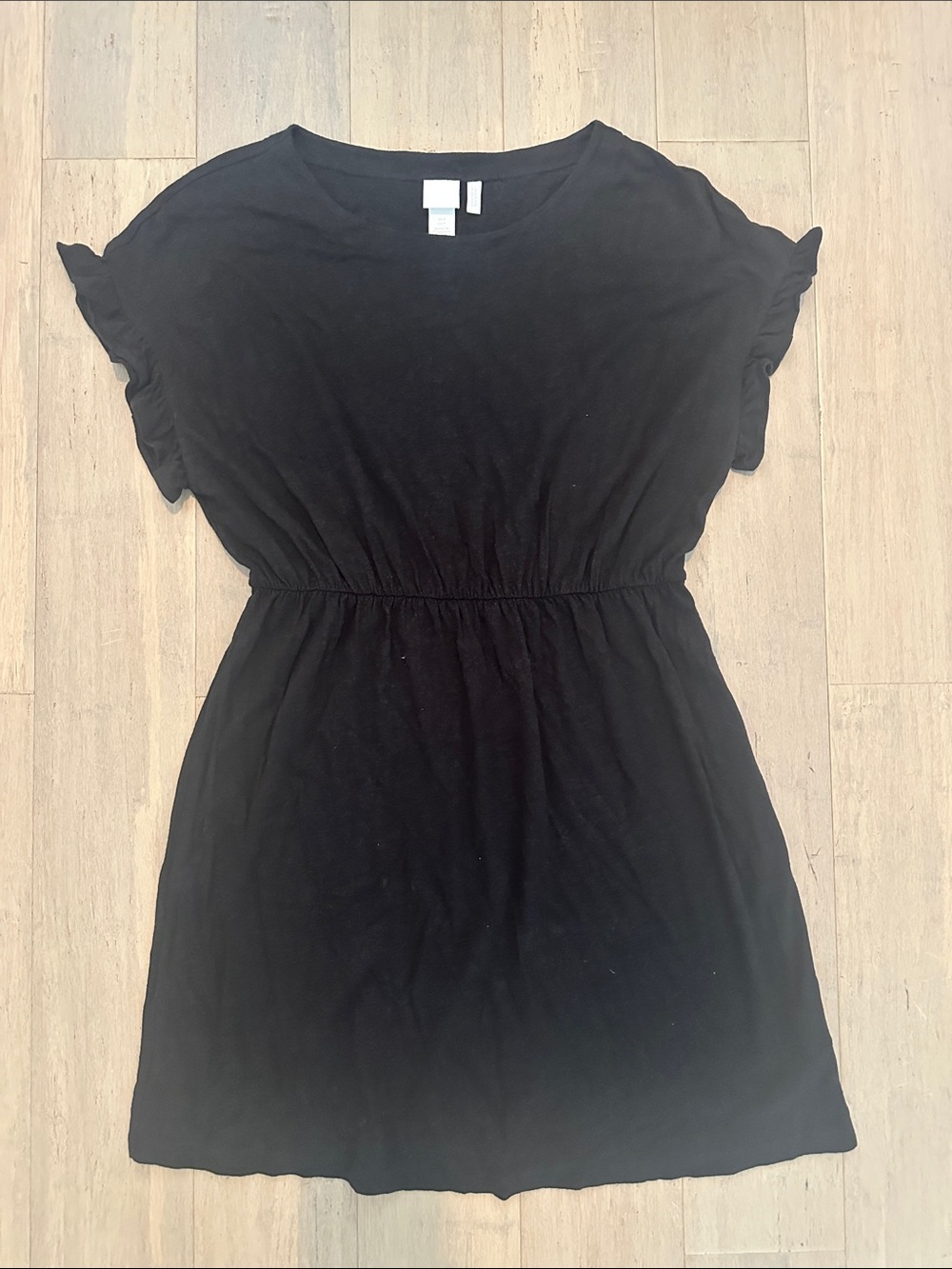 H&M Black Short Sleeve Linen Blend Dress Defined Stretch Waist Fluter Sleeves